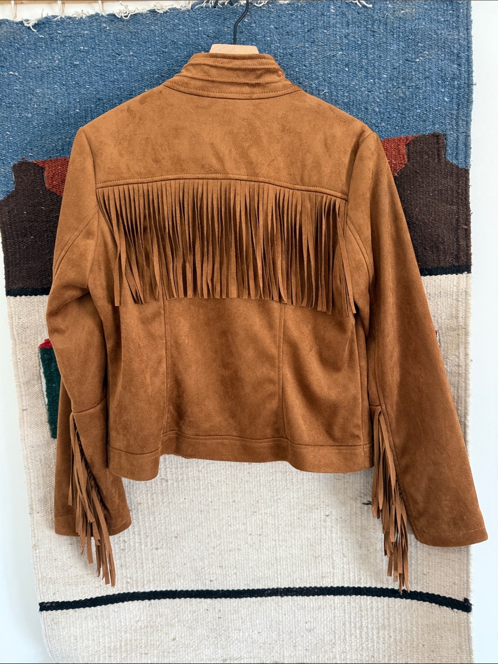 RACHEL Suede Fringe Zip Moto Jacket in Cognac Brown - Picture 3 of 4